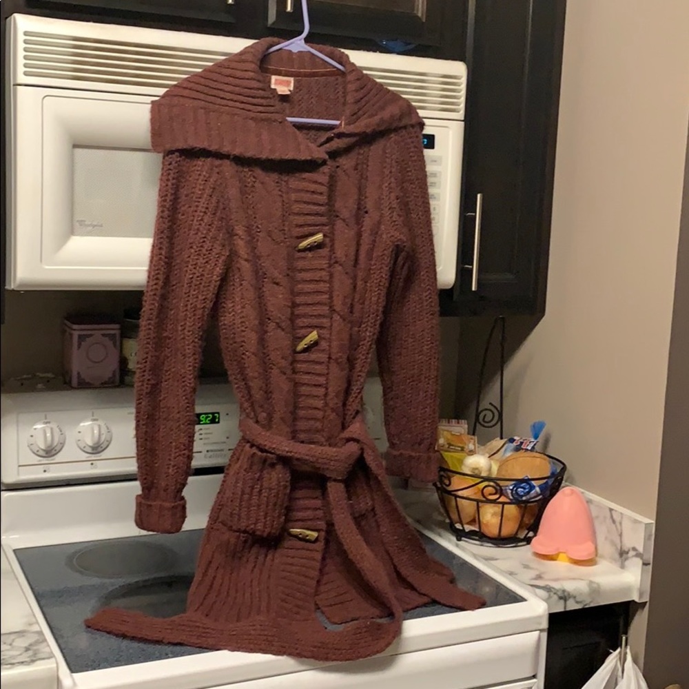 Long Button-Down Sweater with Pockets & Waist Tie